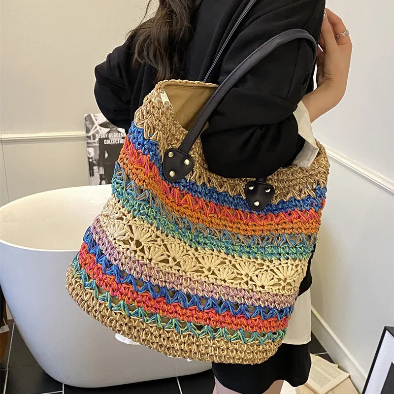 

2025 Fashion Large Capacity Color Woven Straw Women Tote Bag Boho Chic Beach Bag Travel Holiday Handbags Trendy Commuter Bag