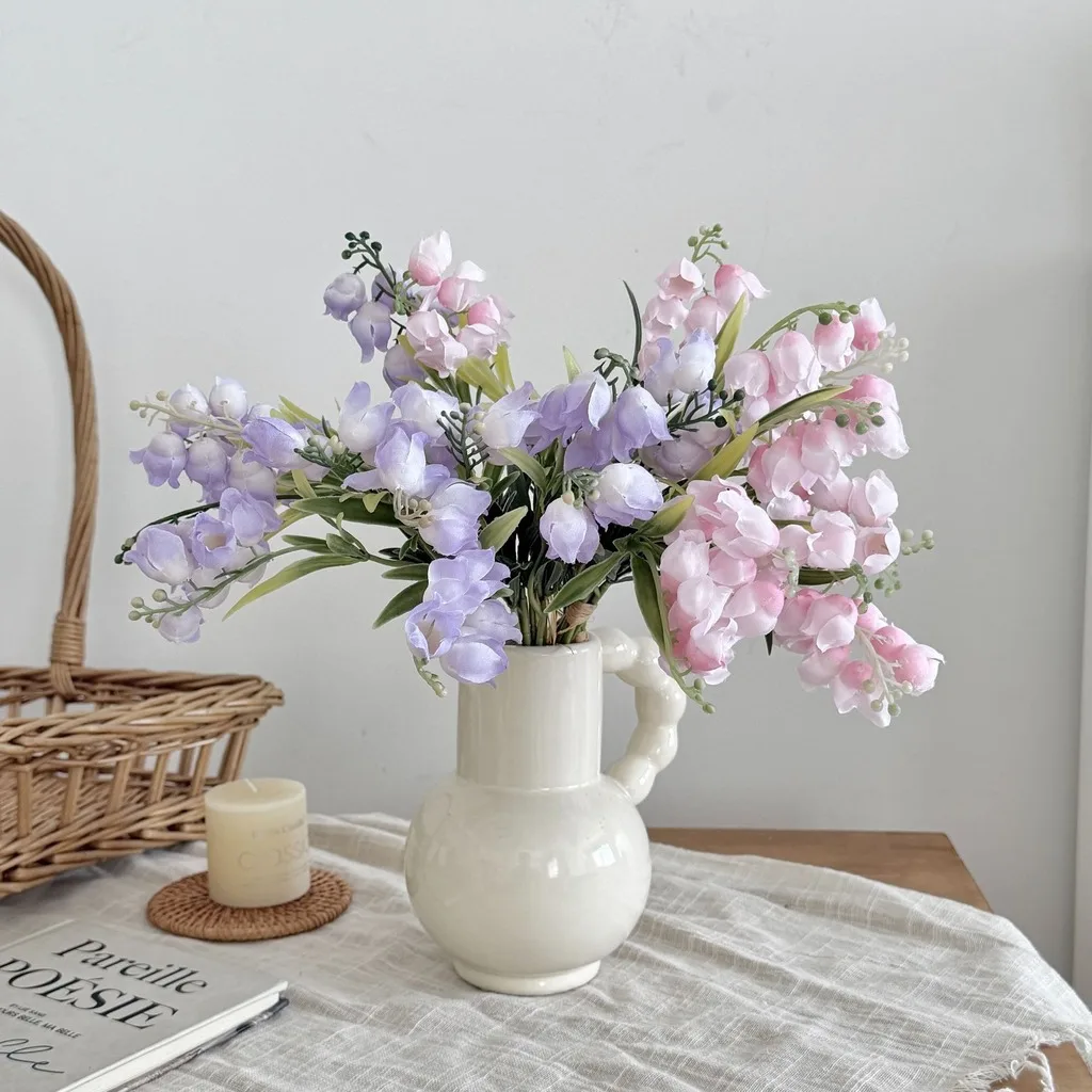 Artificial Lily of the Valley Bouquet Fake Small Silk Flowers Bendable White Pink for Home Wedding Party Table Centerpiece Decor