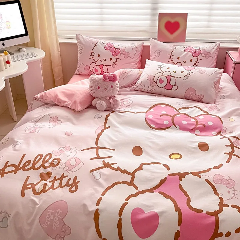 Sanrio Hello Kitty My melody Pochacco Cartoon Cute Cotton Four-piece Set Girly Heart Quilt Cover Sheet Pillowcase 3-piece Set