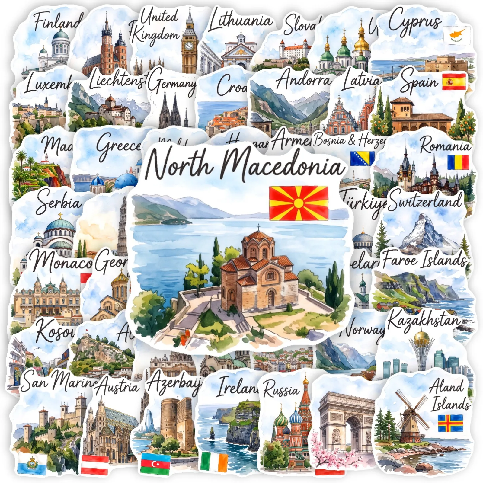50 Pcs Watercolor European Landmark Stickers - Travel Souvenir Decorative Flags And Scenery Decals for Scrapbooking And Crafts