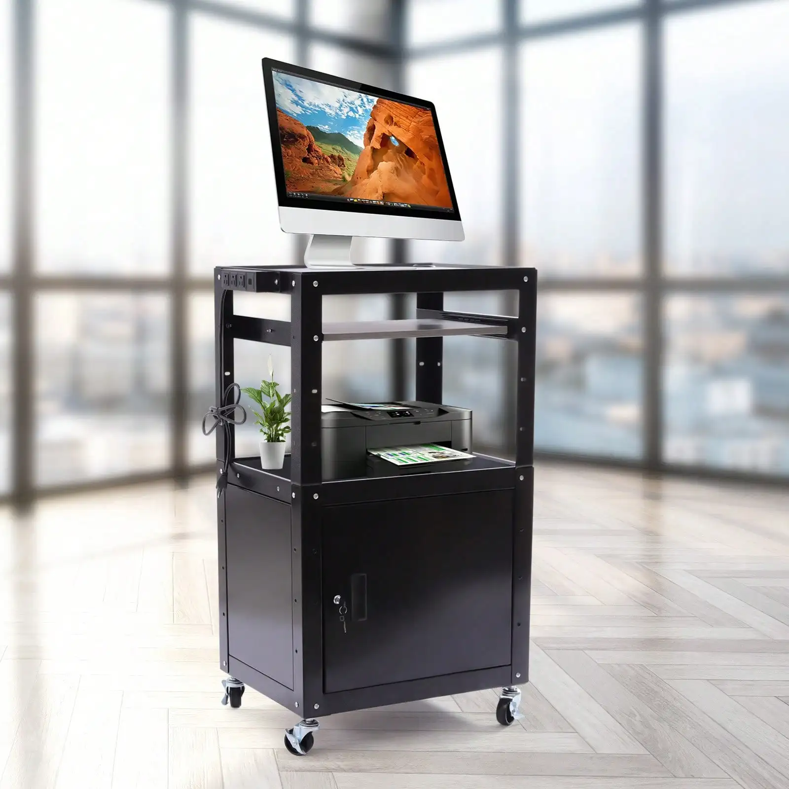 

Steel Large AV Cart With Wheels Presentation Cart Stand Top Shelf Keyboard Tray Rolling with Locking Cabinet For Home Office