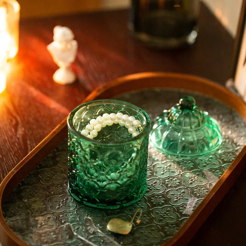 Retro Vintage Mid-Century Emerald Green Glass Storage Jar Transparent Organizer for Q-tips Jewelry Vintage Home Decor Canister