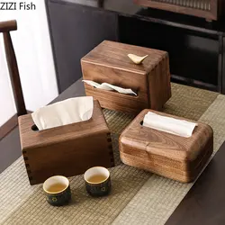 Natural Walnut Wood Tissue Boxes Retro Paper Towel Case Living Room Coffee Table Removable Tissue Box Holder Vintage Home Decor