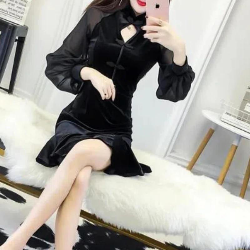 Pullover da donna primavera autunno tinta unita girocollo minigonne stile cinese sirena a-line Bag Hip Office Lady Dresses