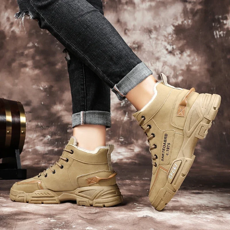 

New Fleece Warm Men's Solid and Multi-color Options Available for Autumn and Winter High-quality Flat Mid-top Snow Work Boots