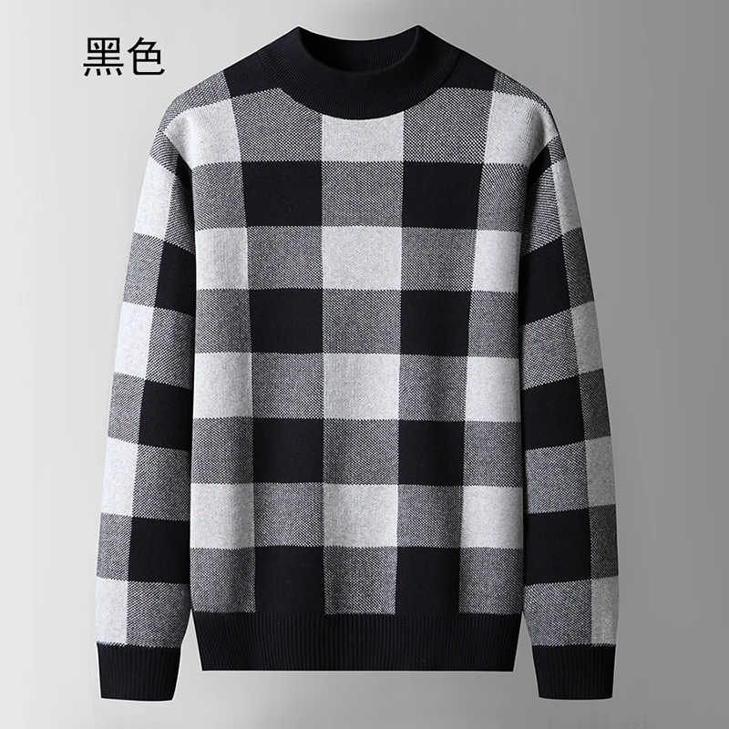 Plaid Pull Sweater Male Mock Neck Clothing Fashion Christmas Knitted Pullovers Men Sweater Autumn Spring Tops