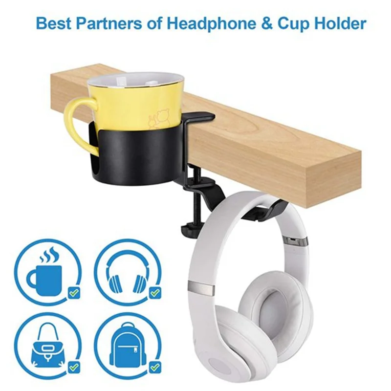 2 In 1 Desk Cup Holder With Headphone Hanger, Anti-Spill Cup Holder For Desk Or Table Rack Organizer