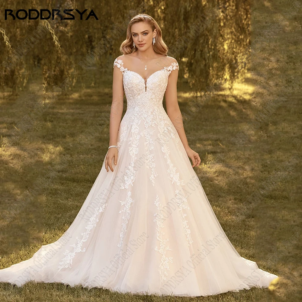 RODDRSYA-Vestidos De Novia De línea a para mujer, Vestidos De Novia bohemios con apliques De Espalda descubierta, Vestidos De Novia De tul con cuello redondoVestido de novia femenino con mangas de sombrero roddrsya en