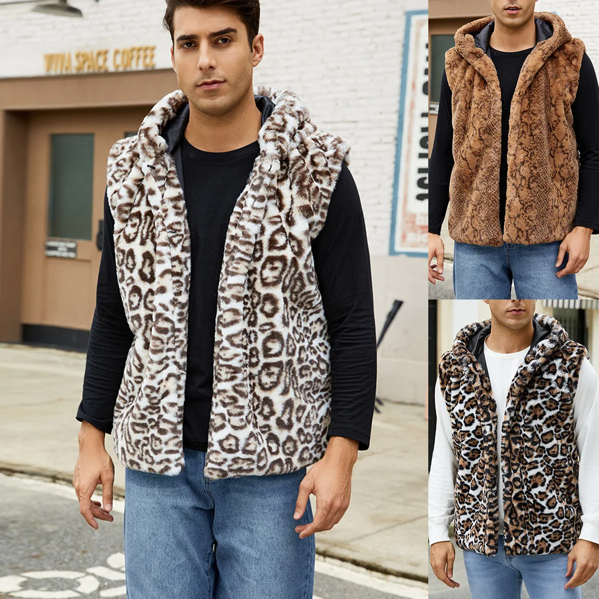 Winter New Fashion American European Men's Leopard Casual Trendy Sleeveless Hooded Faux Fur Vests Male 2025 Clothes Coats Tops