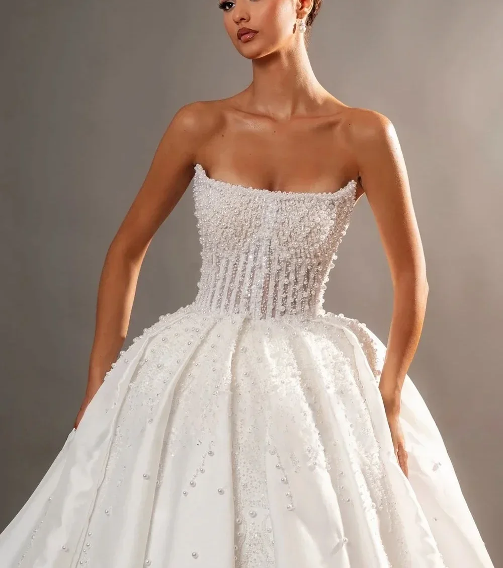 Luxury Full Beading Pearls Wedding Dress 2026 Strapless Sleeveless Lace Up Princess Bridal Bride Grown Vestidos De Noiva