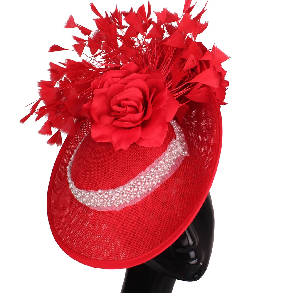 

Elegant Red Feather Fascinators Fedoras Wedding Bridal Millinery Hat For Party Cocktail Headpiece Ladies Floral Pattern HeadWear