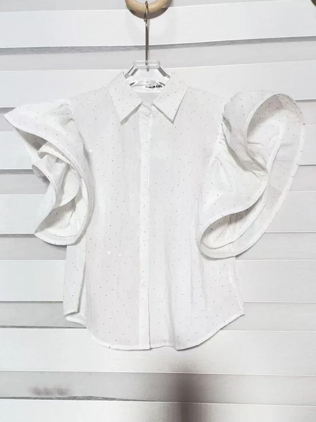

Sweet Casual Loose Short Sleeve Shirt with Lace Sleeves White Summer 2026 Korean Style Women's Fashion Shirt