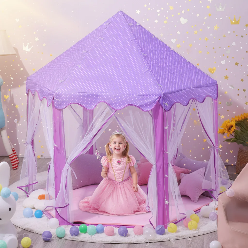 Tienda de campaña domo rosa estilo princesa para niñas, carpa de juegos con forma de castillo, casa de juegos interior y exterior, regalo perfecto para niños