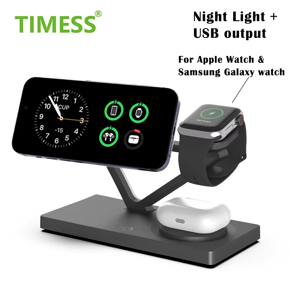 

Беспроводная зарядная станция TIMESS 3-в-1 для iPhone 17, 16, 15, 14, AirPods 2, 3, Pro, Apple Watch и Galaxy Watch