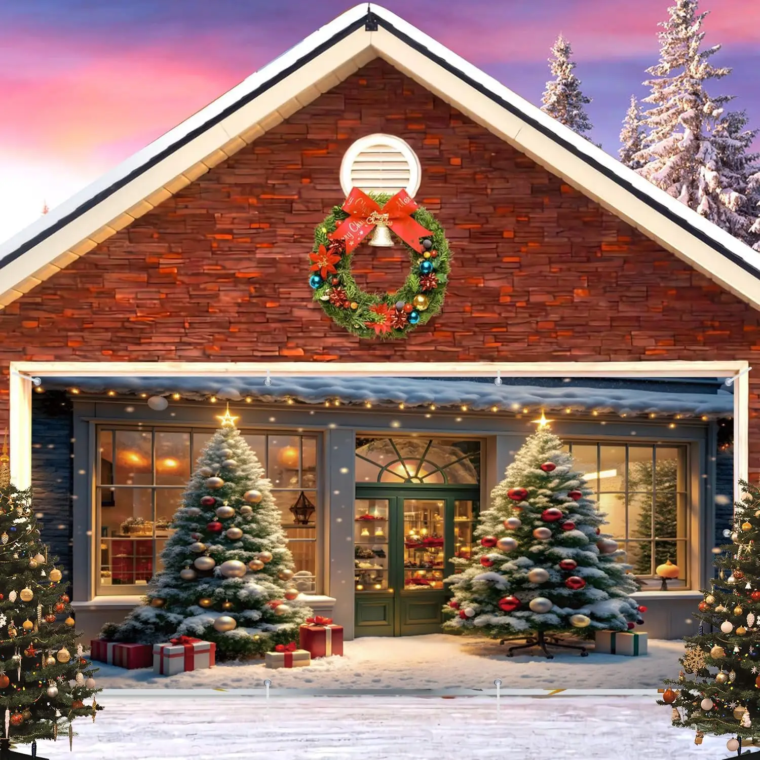 

Christmas Garage Door Banner Christmas Shop Window Xmas Tree Backdrop Winter Holiday Christmas Eve Outdoor Decoration Background