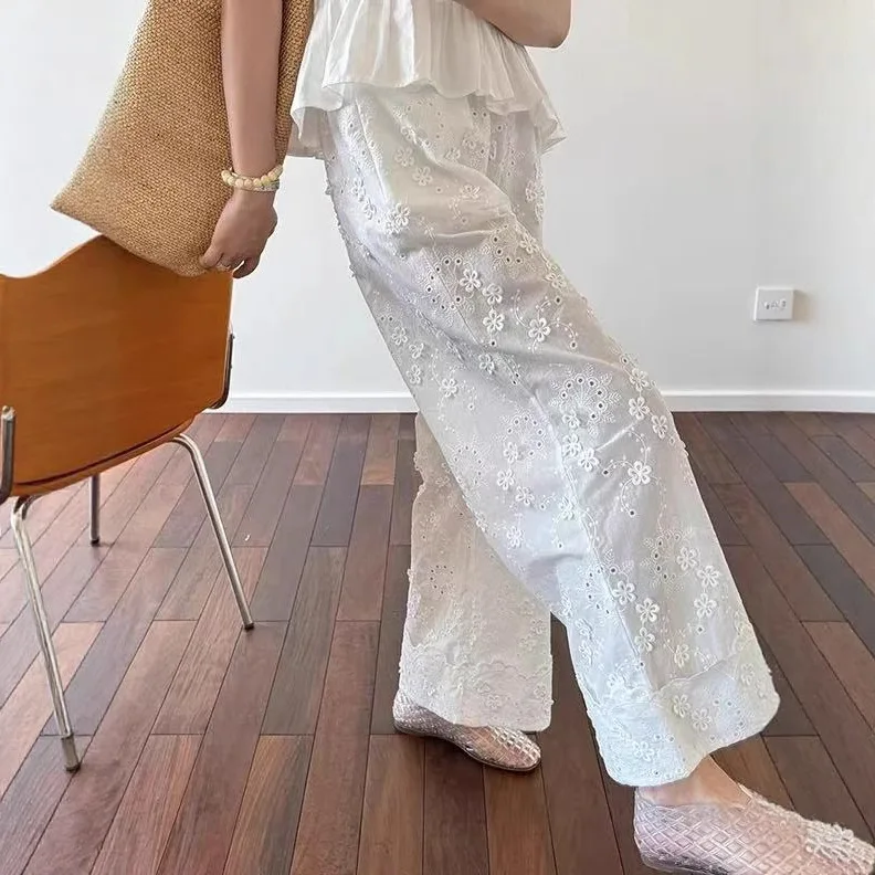 2025 summer pant new gentle romantic style embroidery three-dimensional chrysanthemum hollow with straight wide-legged pants