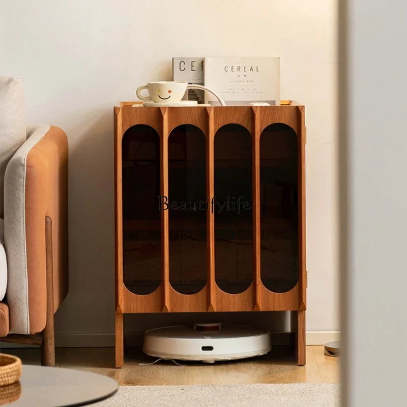 

02ld14Nordic solid wood sweeping robot cabinet, living room storage side few shelves