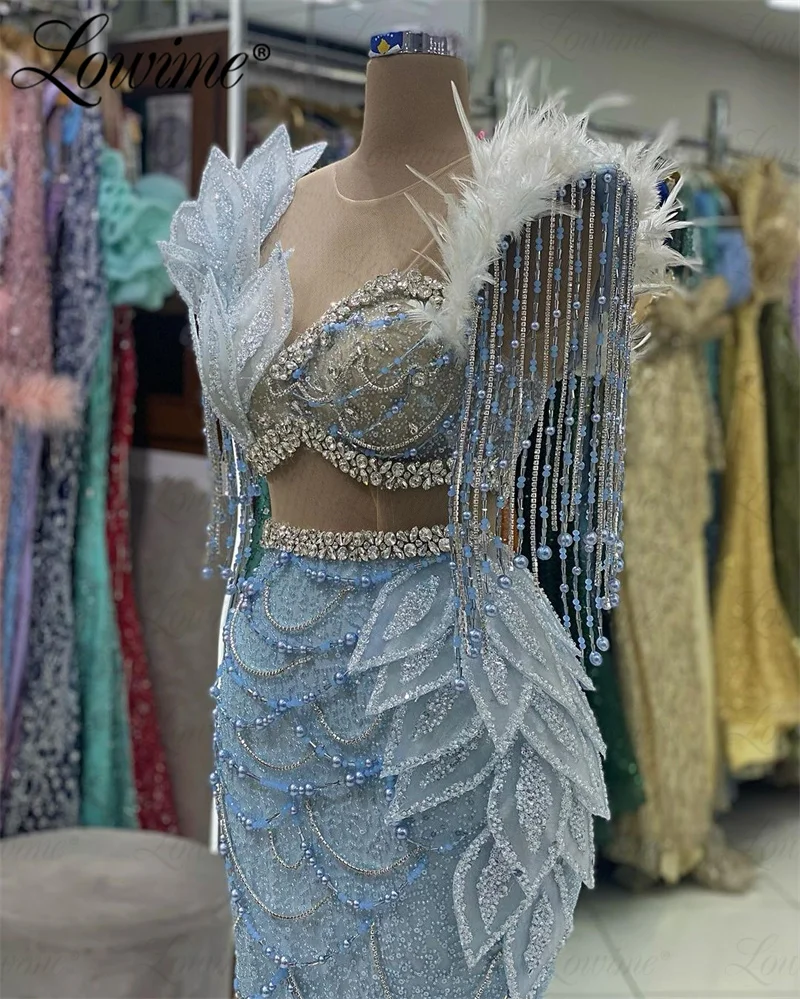 Luxury Sky Blue Party Dress Beaded Crystal Tassel Wedding Evening Dress 2023 Mermaid Long Celebrity Prom Dress Vestido De Fiesta