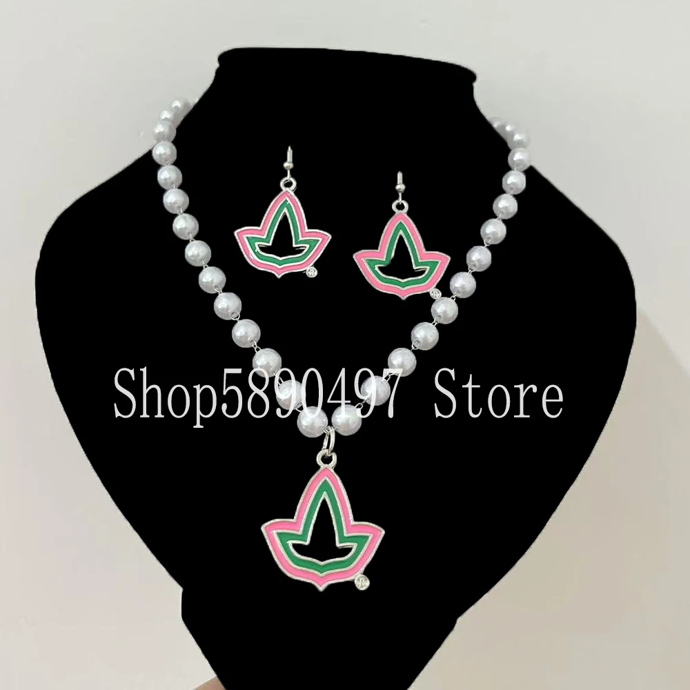 Pink green maple leaf pendant earrings pearl chain necklace set