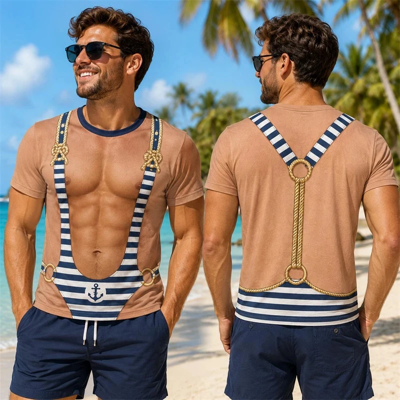 Herren Lustiges T-Shirt mit Fake-Muskel-Muster, Kurzarm, 3D-Druck, Fake-Bauchmuskeln-Grafik, Rundhalsausschnitt, Casual Party Cosplay Kostüm T-Shirt – Detail 6
