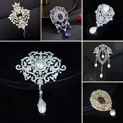 Retro Exaggerated Geometric Zirconia Palace Pearl Tassel Brooch Pin Women's Coat Sweater Chain Accessori Exquisite Female Broche