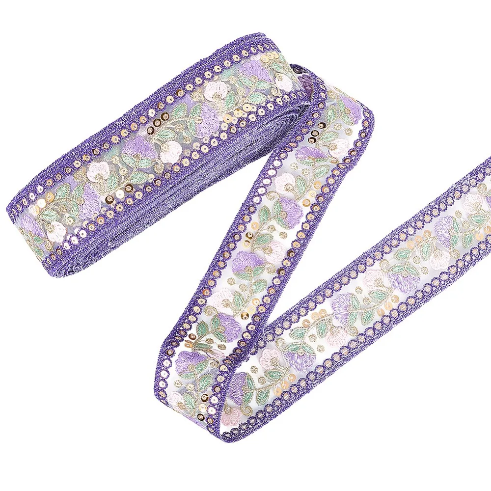 

Ethnic Style Polyester Lace Trim Embroidery Paillette Ribbon Flower Pattern Indigo 1-3/4 inch(45mm)