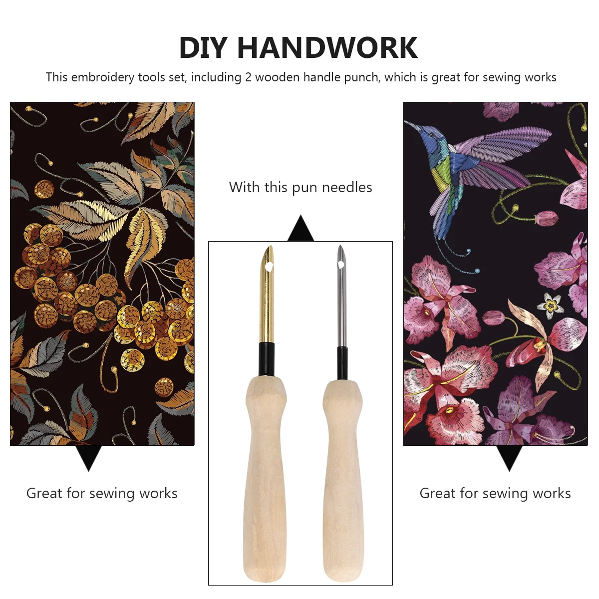 

2Pcs Copper Stainless Steel Punch Needle Wooden Handle Embroidery Tool DIY Sewing Accessories Golden Silver Punch Needle