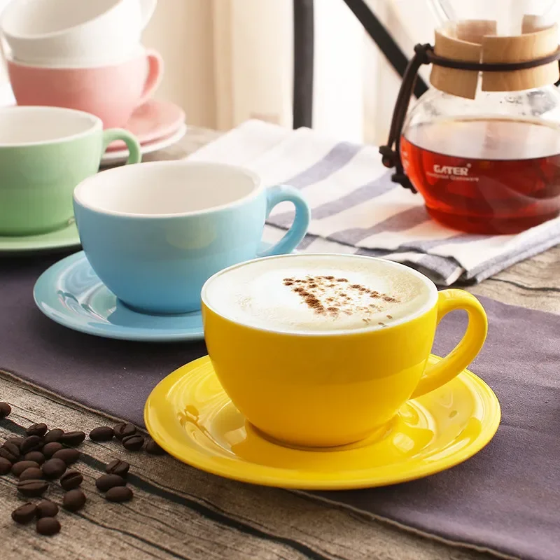 

200ml European Macaron Wide Mouth Cappuccino Coffee Cup with Saucer Set Creative Minimalist Colored Glaze Espresso Milk Mug