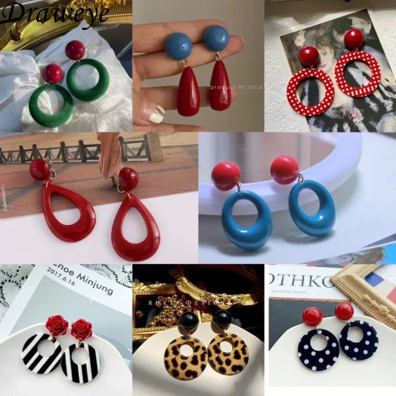 Draweye Polka Dot Earrings for Women Geometric Vintage Korean Fashion Chic Contrast Color Aretes De Mujer Red Sweet Jewelry