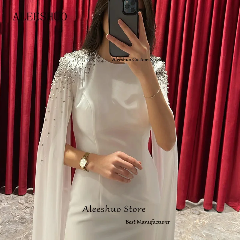 Aleeshuo Classic Arabia White Prom Dress Shiny Beaded Formal O-Neck Cap Sleeve Evening Dress Ankle-Length Tiered Party Dress