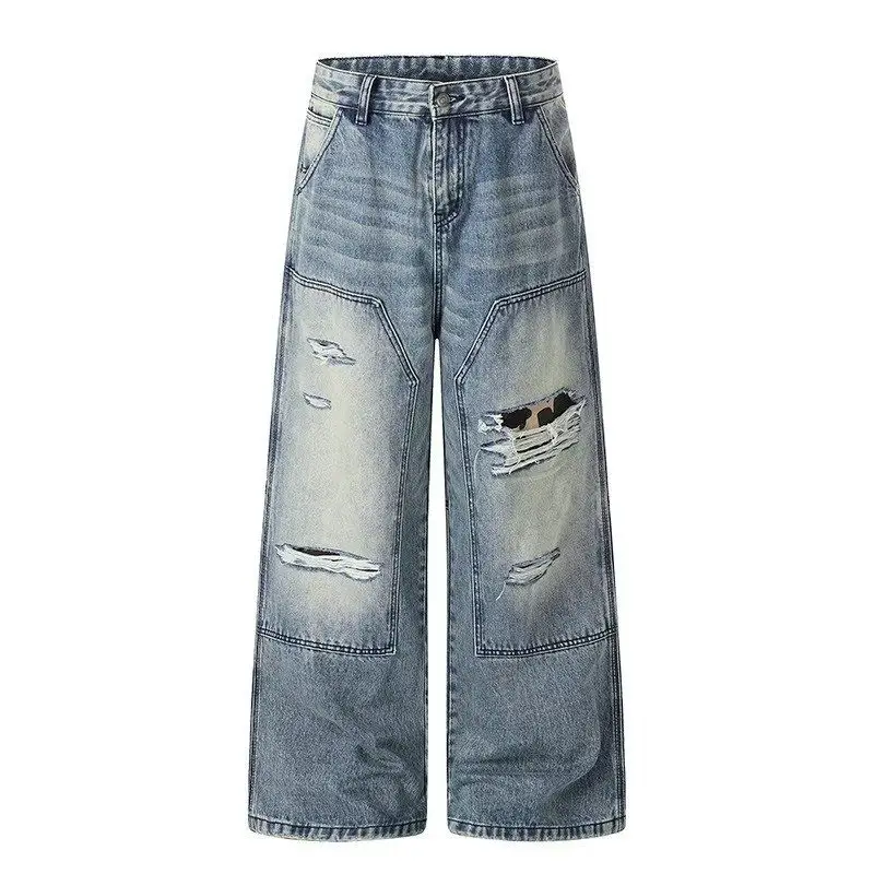 Calças Jeans Unissex American Decomposition Design de Perna Larga, Corte Limpo, Soltas, Versáteis, para o Dia a Dia, com Rasg...