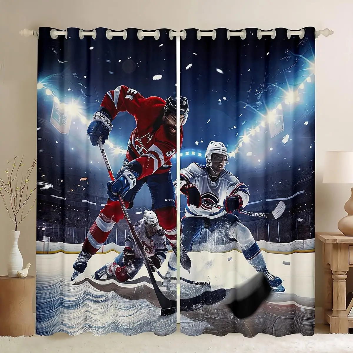 Ice Hockey Curtain Hockey Player Window Treatment Curtains for Boys Teens Girls Room Winter Sports Game Event Window Curtains