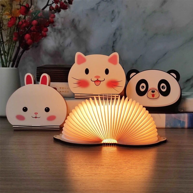 ไฟหนังสือไม้การ์ตูน DIY ตกแต่งไฟสำหรับบ้านไฟ LED เปลี่ยนสีได้รูปสัตว์น่ารักโคมไฟหนังสือพับได้ของขวัญวันวันเกิดสำหรับเด็ก