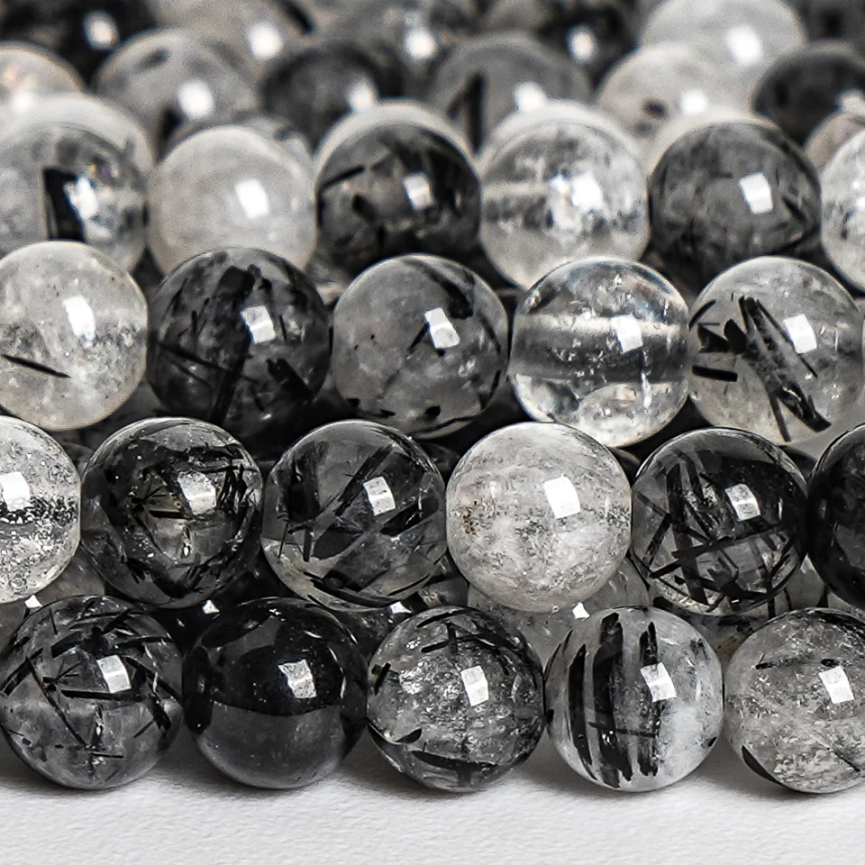 天然ルチルクォーツビーズ 4mm 黒白 ラウンド 88pcs