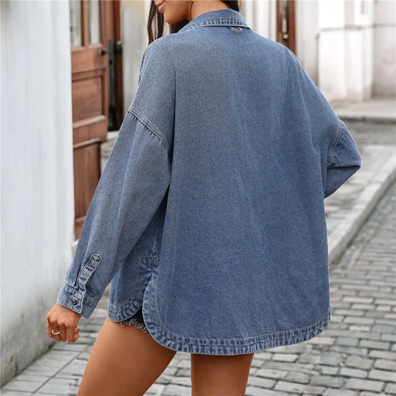 ABFU-Womens Oversized Denim Shirt Jacket Button Down Long Sleeve Fall Casual Jean Shackets