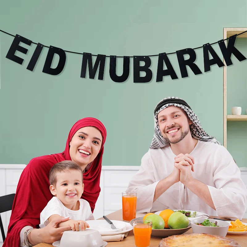 

1set Ramadan Kareem Eid Mubarak Glitter Paper Banner Gold/Black Letter Hanging DecorMuslim Festival Party Setup Home Decor Gift