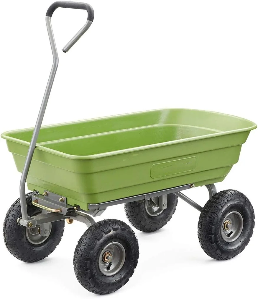 600 lb Capacity Poly Garden Dump Cart with Steel Frame & Quick Release Solid Wheel Dumping System