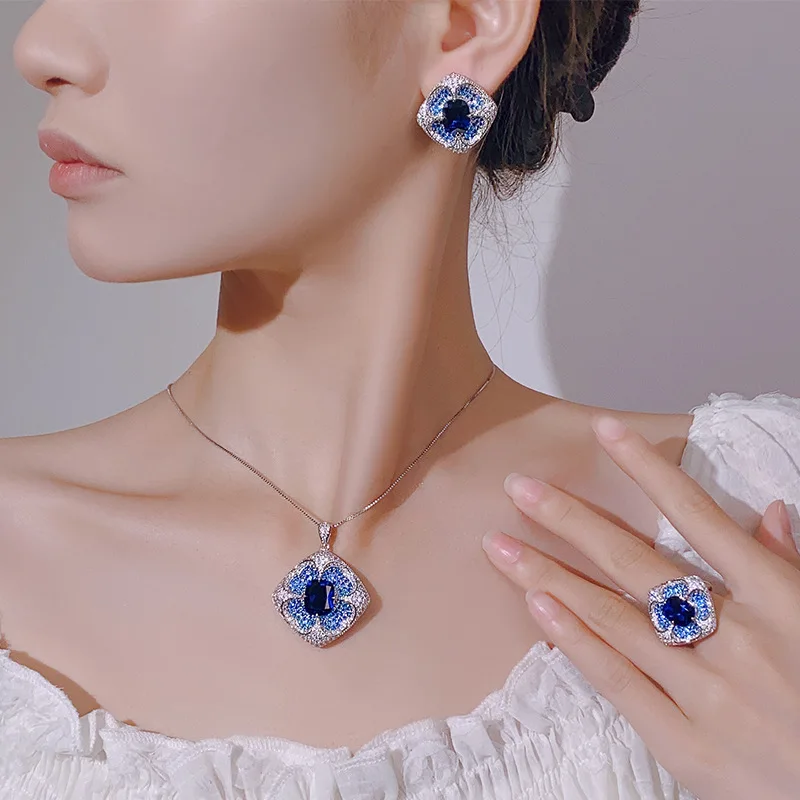 4pcs Elegant Vintage Jewelry Set for Women Blue Heart-shaped Petals Necklace Shiny Crystal Choker Bridal Wedding Earrings Party