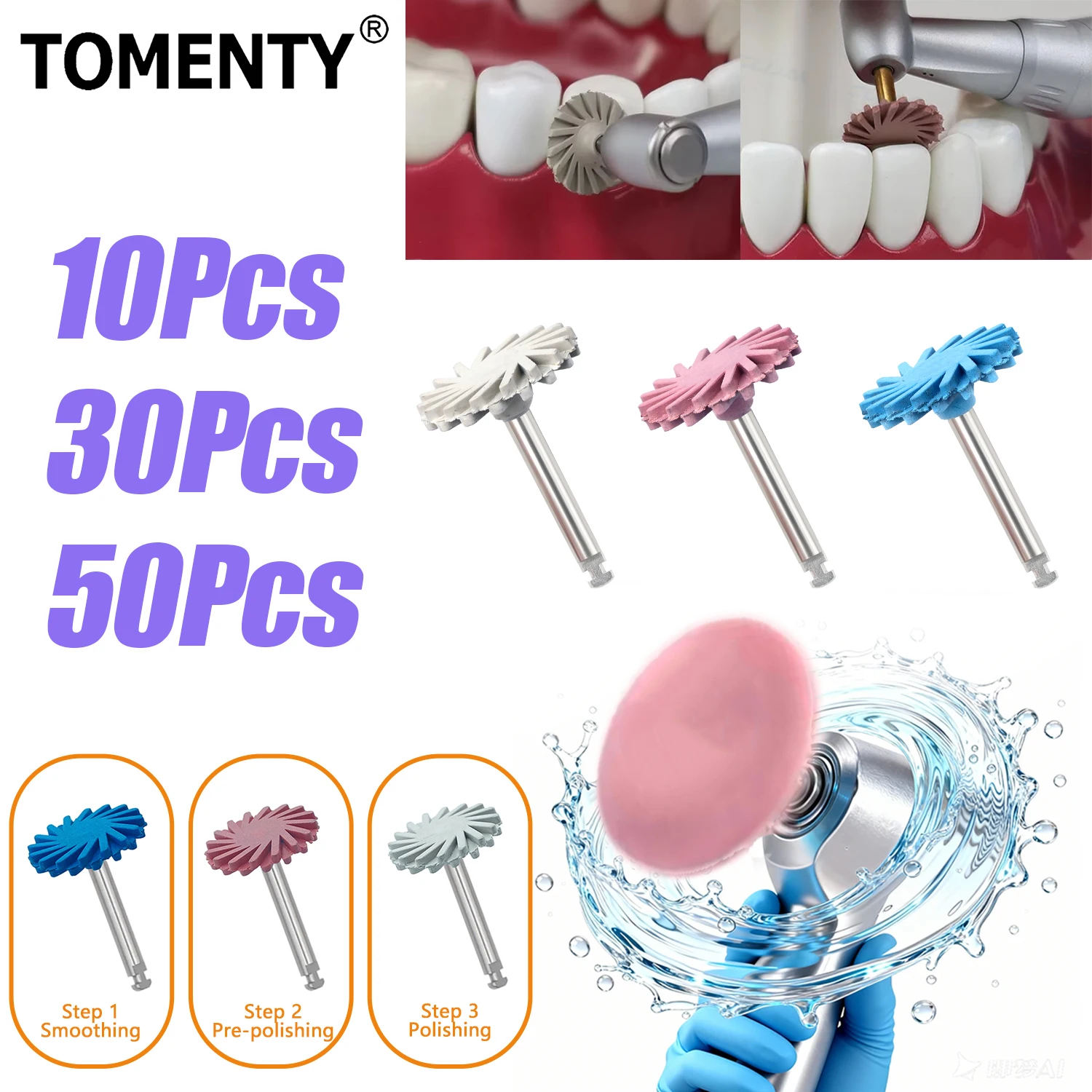 TOMENTY 10/30/50Pcs Dental RA Rubber Diamond Resin Polishing 3 Colors Spiral Flex Brush Dentistry Instrument Materials