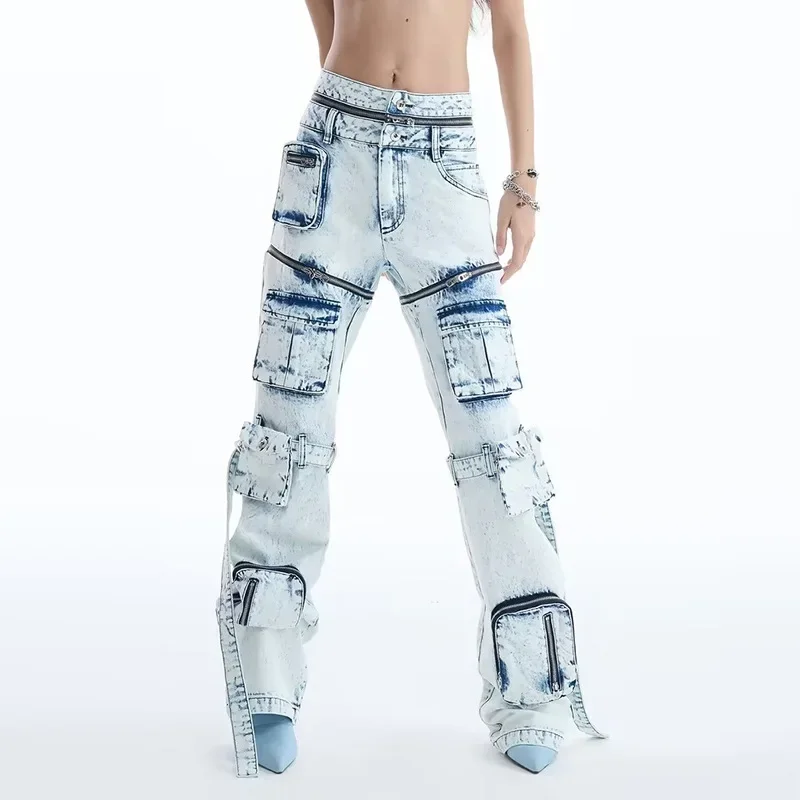 High Street Denim Cargo Pants Zipper Detachable Multi-pocket Leg Bandage Full Length Jeans Pants Vintage Street Trousers