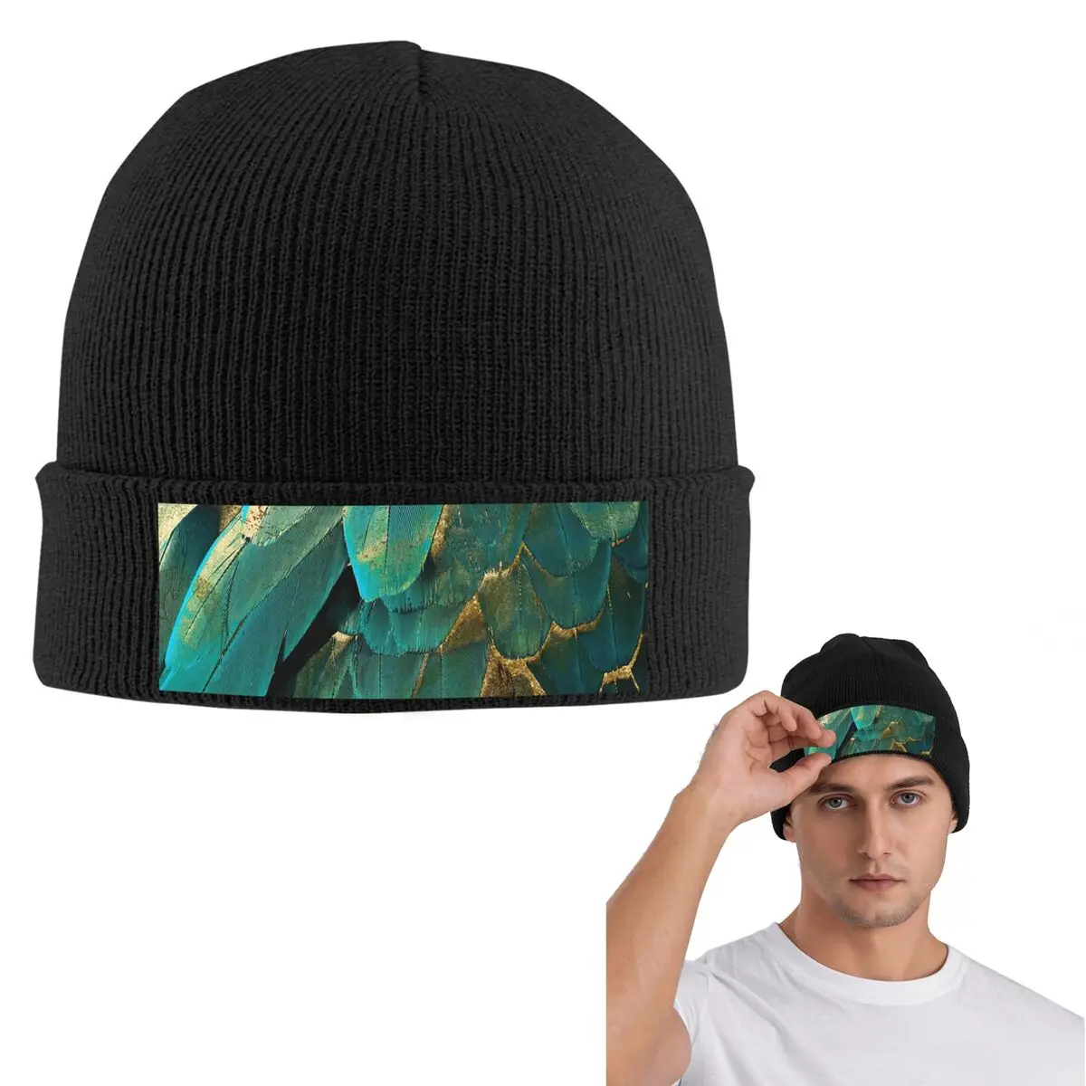 Feather Glitter Teal And Gold Warm Knitted Cap Winter Knit Bonnet Hat Skullies Beanies Hip Hop Caps for Unisex