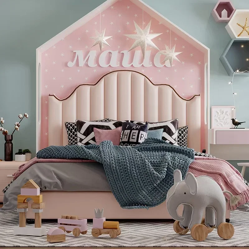 Modern eenpersoonsbed Houten frame lederen hoofdeinde Schattig roze kleur kinderbed prinses designmeubilair kinderbed voor slaapkamer