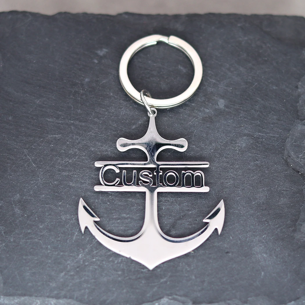 QIMING Custom Name Boat Anchor Keychain For Men Stainless Steel Customized Pendant Key Ring Personalized Jewelry Birthday Gift