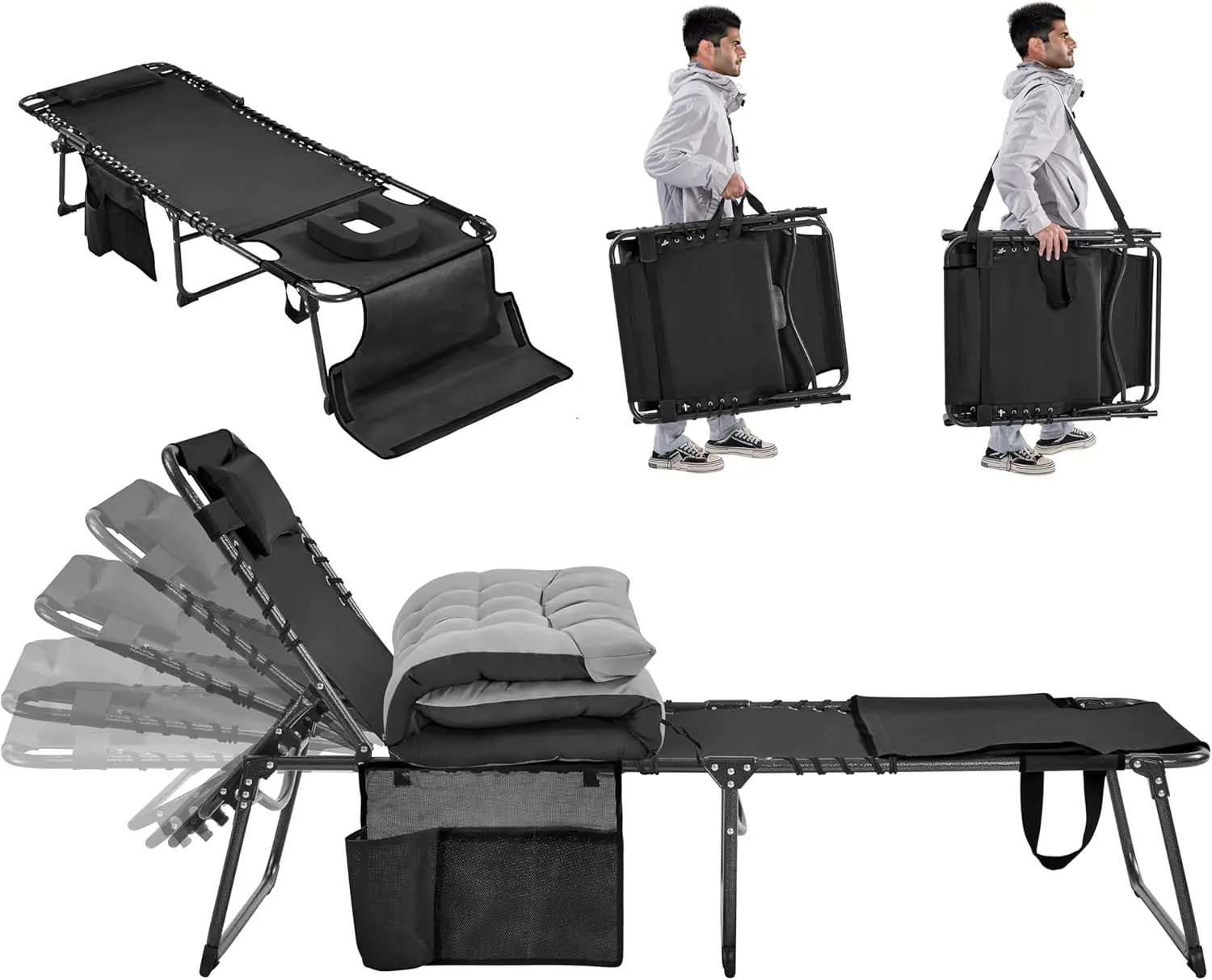 

Outdoor Folding Tanning Chair, 5-Position Adjustable, Portable Lounger, Padded Cushion, Face Hole, Black