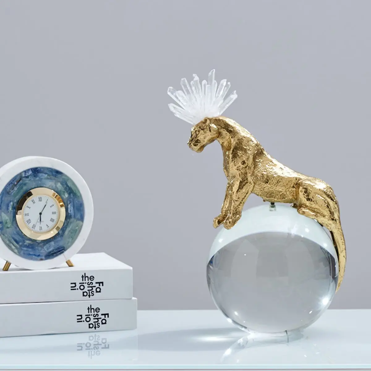 

Evelyn Copper Series Luxury Office Leopard Animals Design Crystal Ball Anniversary Decorations Metal Handicrafts Entrance