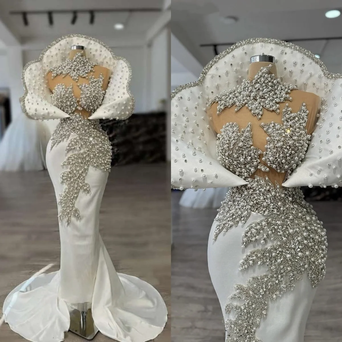Luxus Hochzeitskleid 3D Spitze Perlen Illusion Hals Brautkleider Promi Frauen Meerjungfrau Braut Kleider Maßgeschneiderte Satin