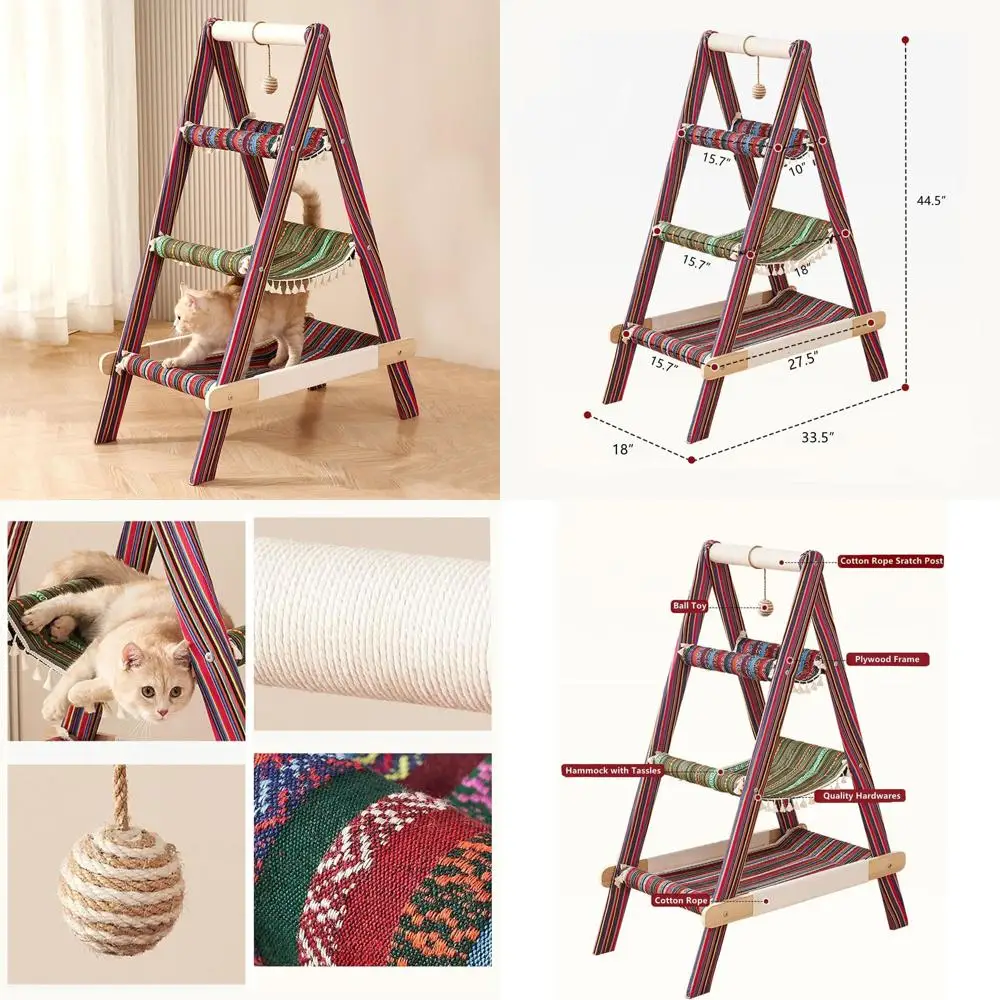 

3-Tier Boho Style Wooden Cat Tower with Multi-Level Beds, Hammock, and Scratching Post, Hanging Toy Ball