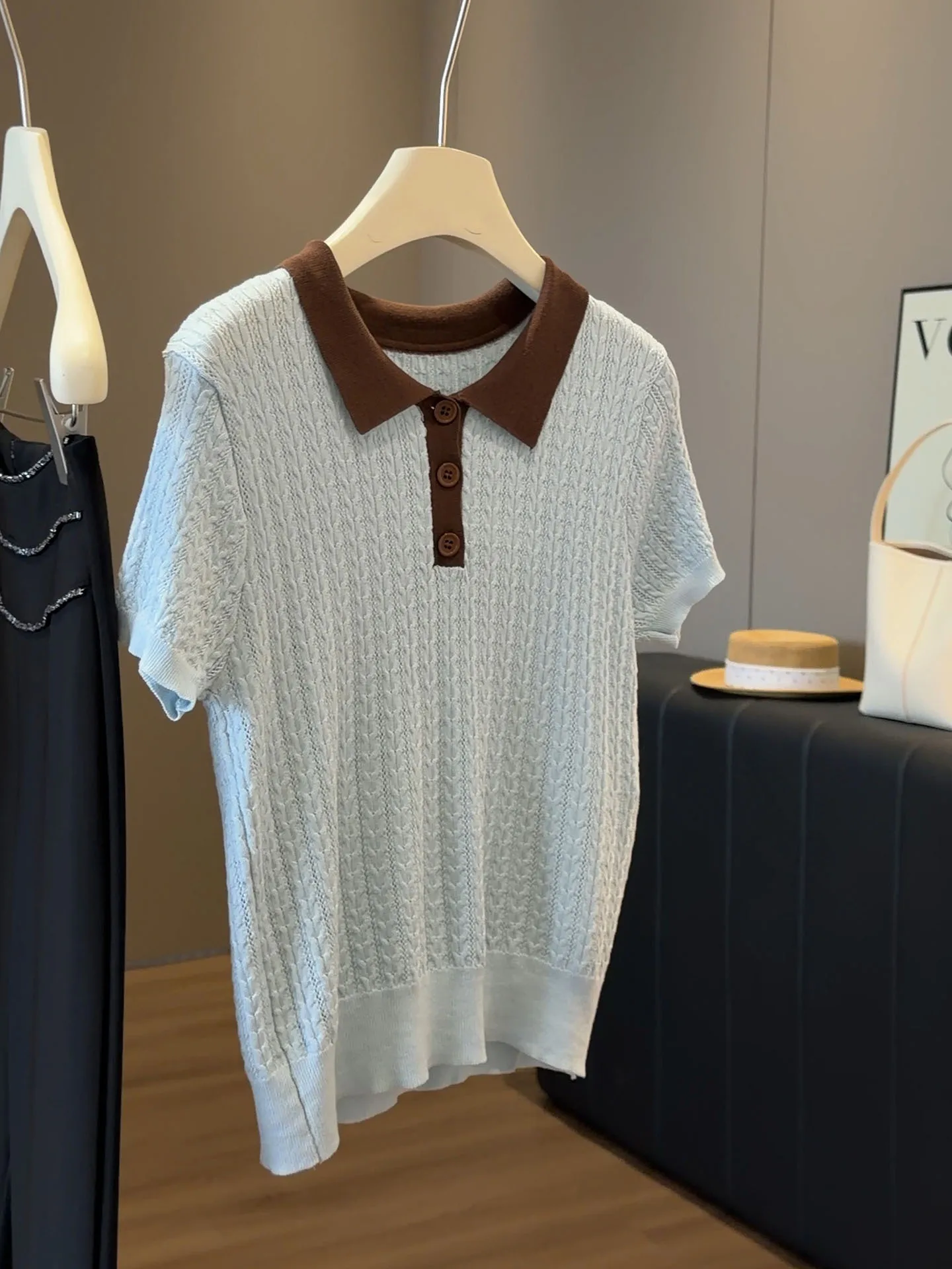 Women's Mint Green Cable Knitted Crochet Polo Top Contrast Collar Short Sleeve Knit Shirt Simple Harajuku Casual Preppy Summer