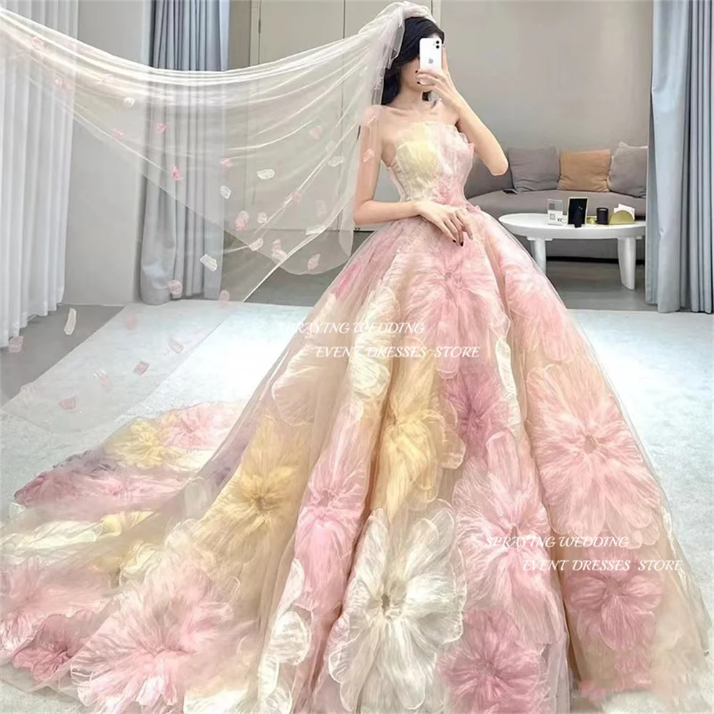 SPRAYING Colorful Wedding Dresses Korea Photo Shoot Gorgeous Corset Bridal Gown Strapless A-line Chapel Train Ball Gown Lace-up