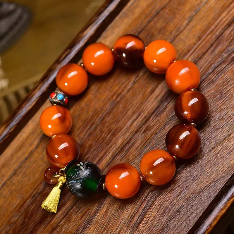 Natural golden mountain turtle round bead bracelet, single-loop Kintsuke old bone glass accessory, Tibetan-style Buddhist prayer